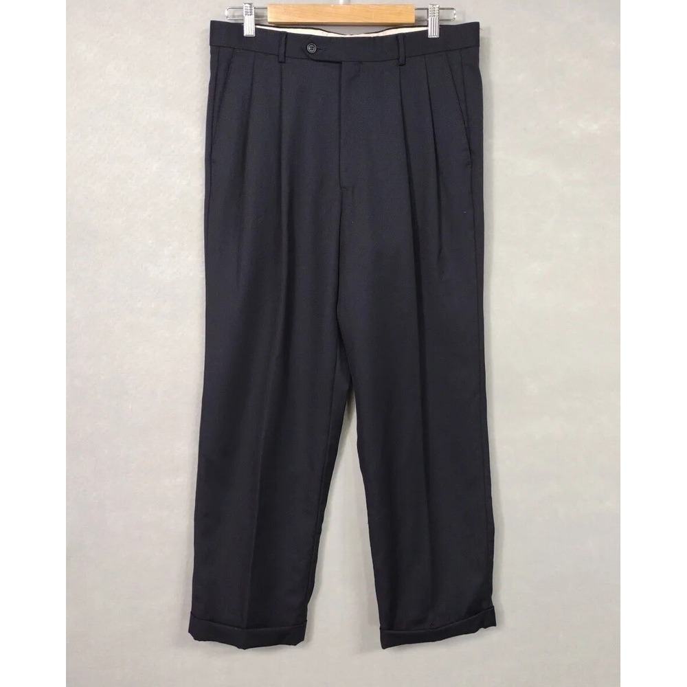 Alfani Mens 34 Suit Pants Navy Blue Wool Pleated Cuffed Straight Leg Trousers